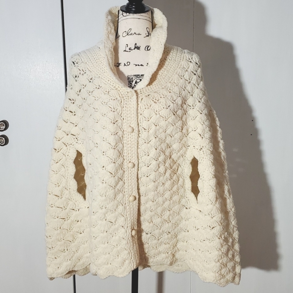 Handmade Unique Cream Knit Crochet Poncho/Cardigan Cottagecore Sz.OS